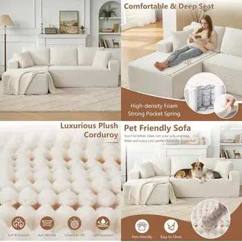 103” Beige Corduroy Boneless Couch, L-Shaped Sectional Sofa with Left Facing Chaise, Cloud Compression Couches for Living Room A