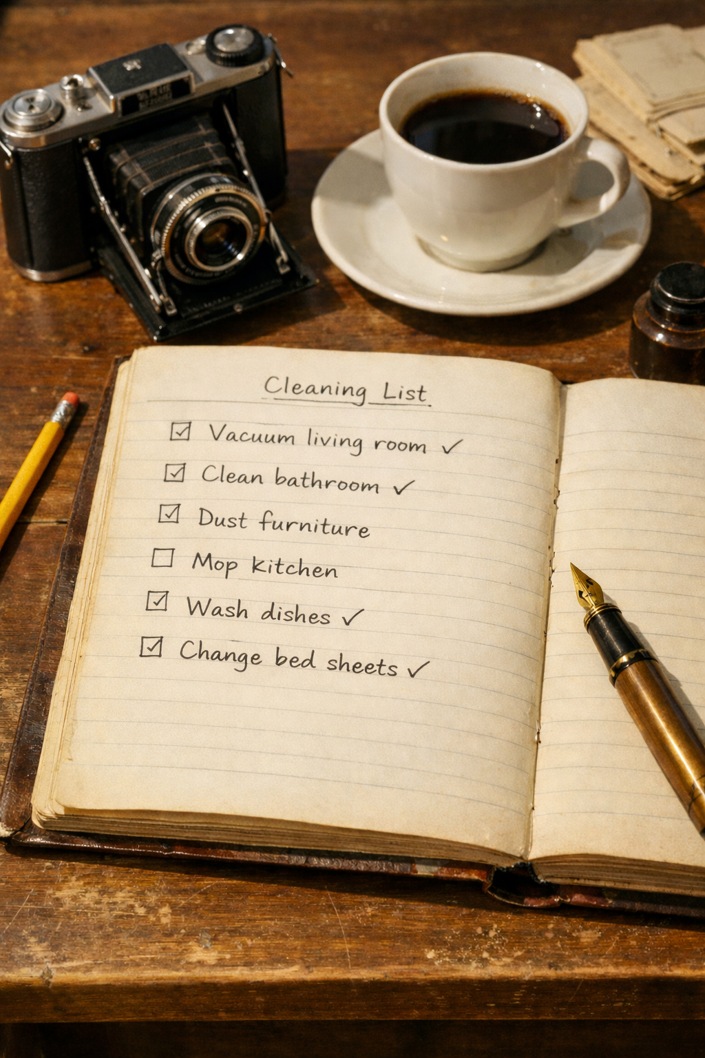A photo of a vintage handwritten list or a clean notebook on a table